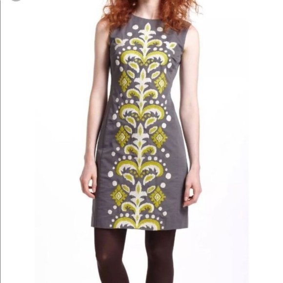 Anthropologie Tabitha Embroidered Fountain Shift Dress Yellow Floral Gray - Picture 1 of 7